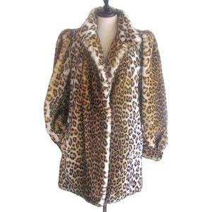 Designer Hillmoor N Y Vintage Animal Print Padded Shoulder Faux Fur Coat Med